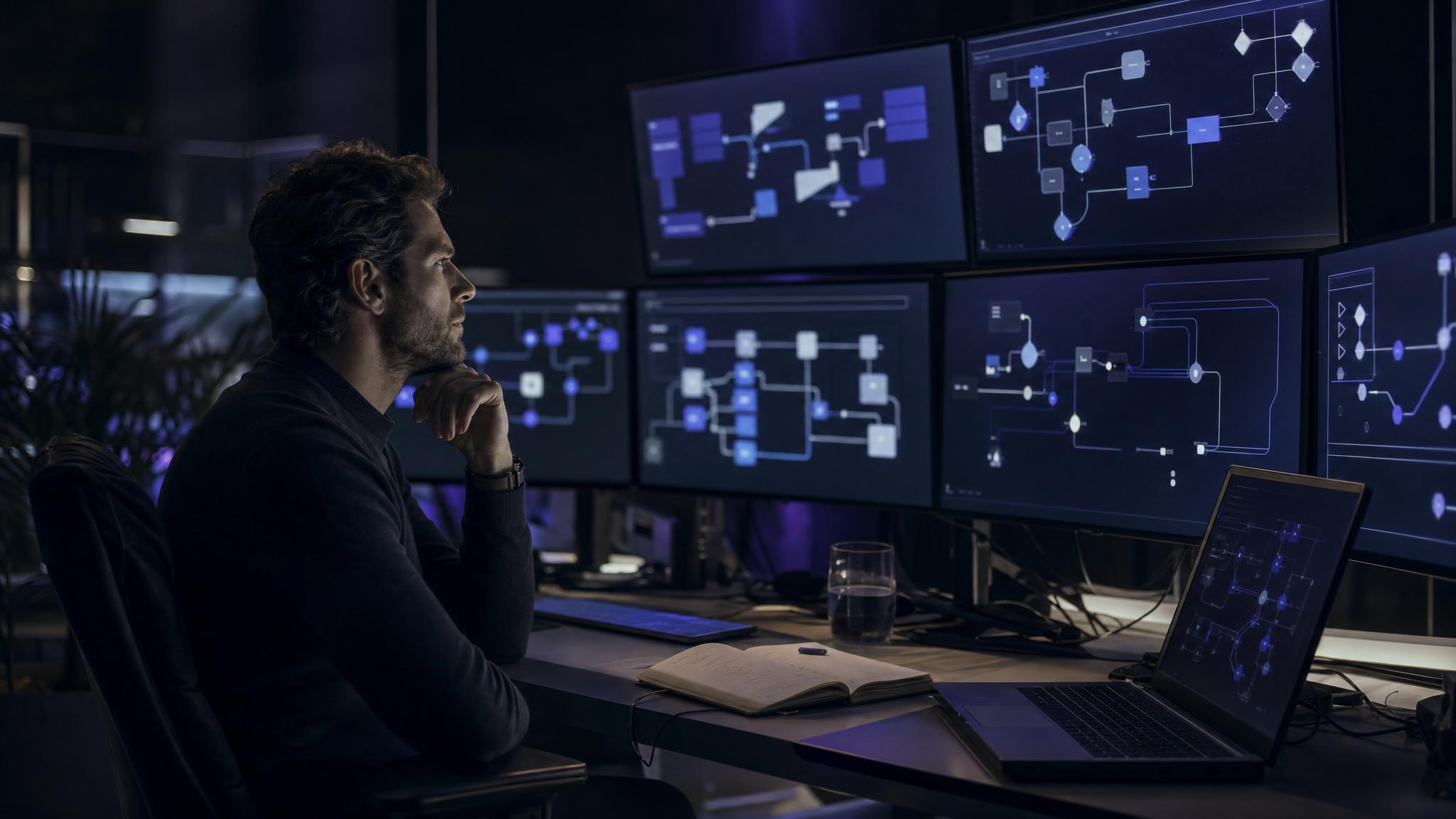Fluxos de automação e sistemas web sendo analisados em ambiente de tecnologia