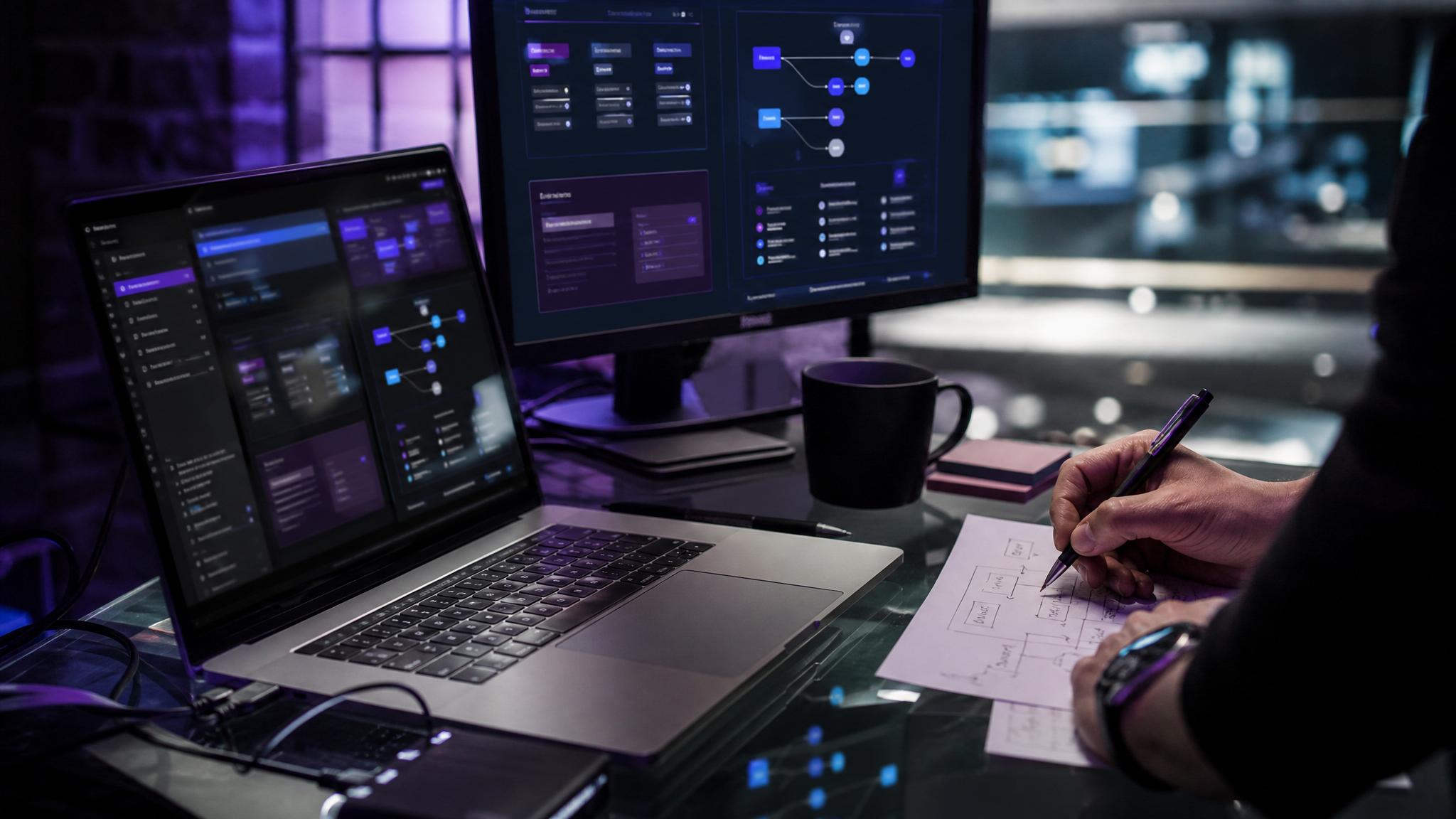 Mesa de diagnóstico com fluxo de formulário, automação e CRM em ambiente tecnológico premium
