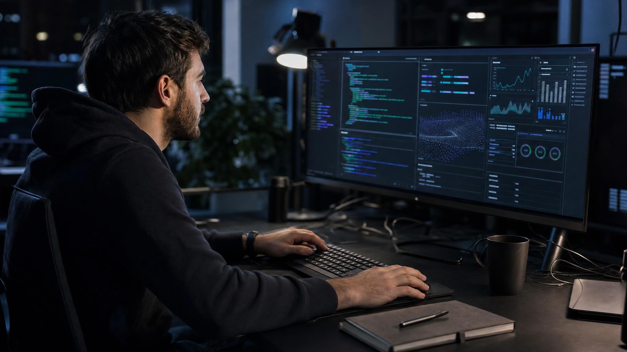 Especialista analisando painel técnico de sistema web, automações e integrações em ambiente escuro premium